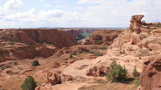 Red rock canyon with sporadic green bushes under blue partially cloudy sky.