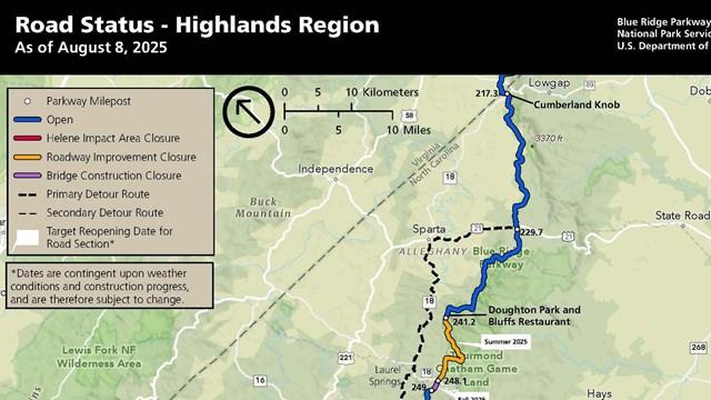 Map of planned closures, detours, and estimated reopening dates for Highlands Region of NC