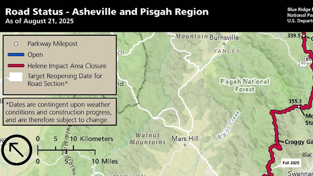 Map of planned closures, detours and estimated reopening dates for Asheville/Pisgah region of NC
