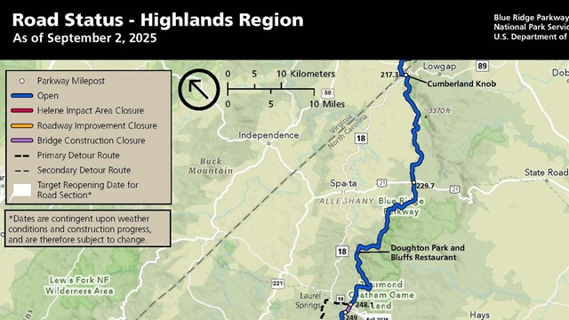 Map of planned closures, detours, and estimated reopening dates for Highlands Region of NC