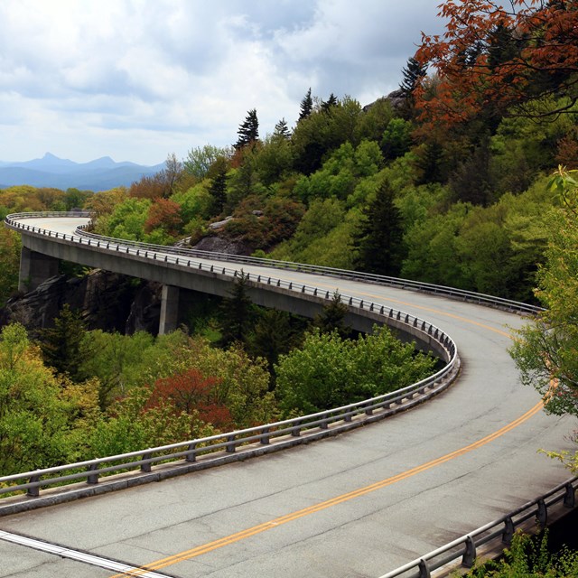 the Linn Cove Viaduct in fall color. The viaduct is a concrete bridge curving around the mountain.