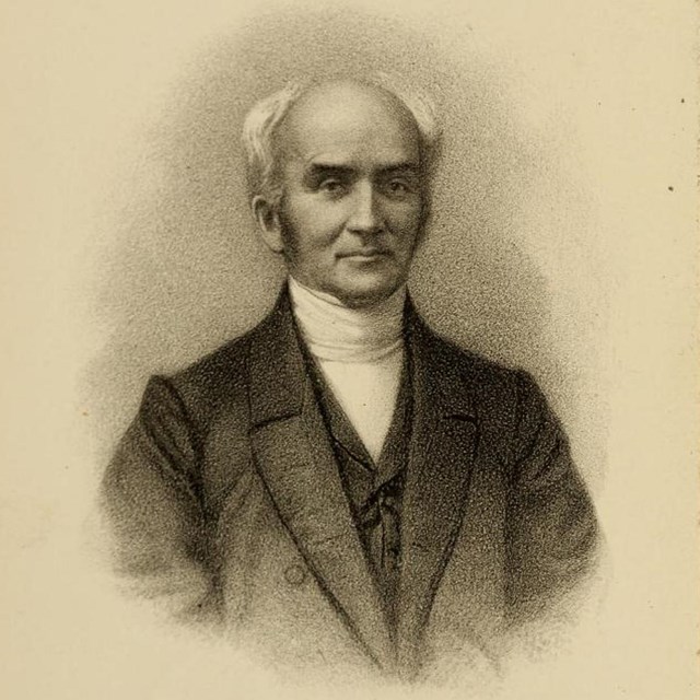 Sketch of a portrait of a White balding man with white hair and a three-piece suit. 