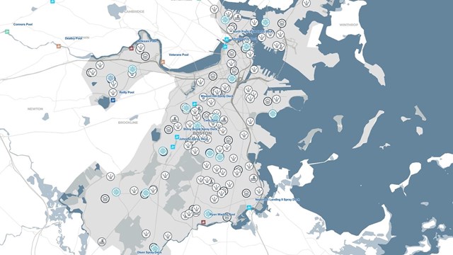 map of Boston with cooling centers identified throughout the city and neighborhoods