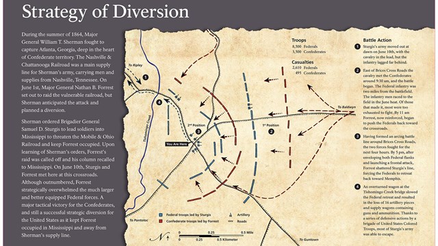 A photograph of the wayside with descriptions of the battle strategy.