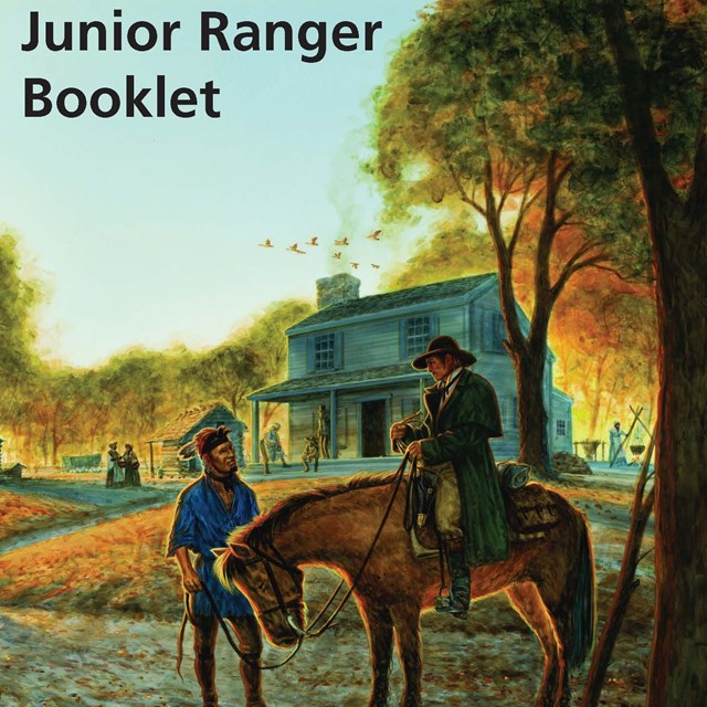 A full color illustration of two people. One rides a horse, the other stands in front of the rider.