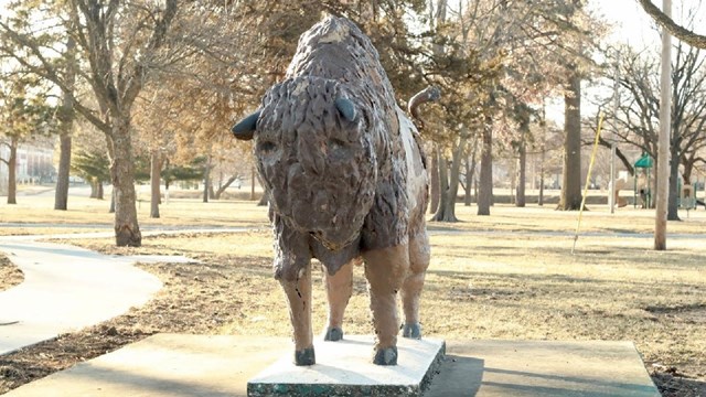 statue of a buffalo in cushinberry park, Topeka, KS.