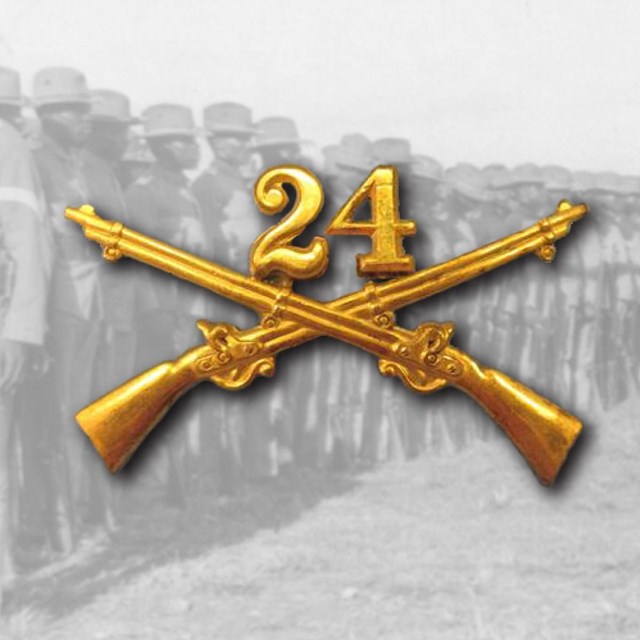 The 24th cavalry pin over top of a photo of soldiers in formation