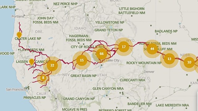 A map of the United States with a trail from the midwest to California.