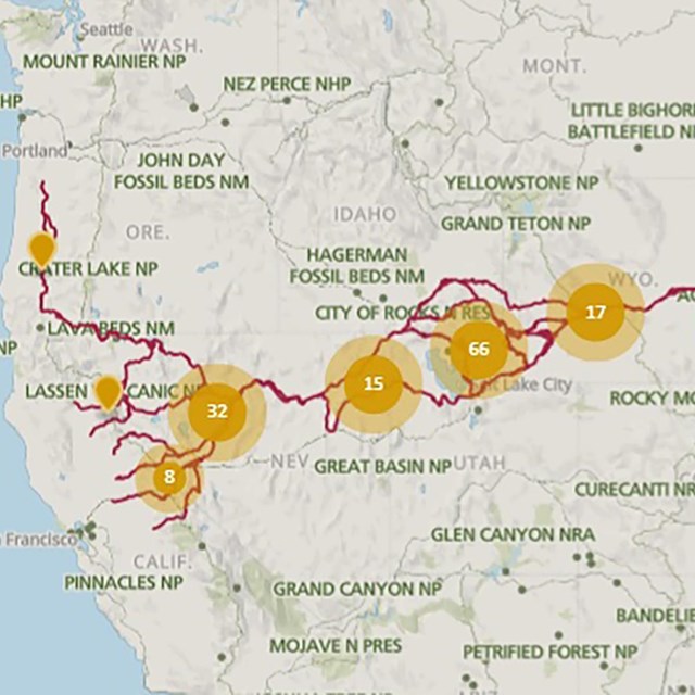 A map of the United States with a trail from the midwest to California.