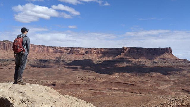 A hiker looks out over a large canyon