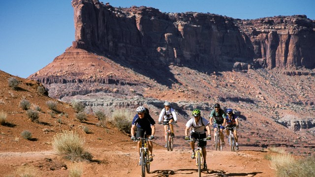 a group of bicyclists on a gravel road