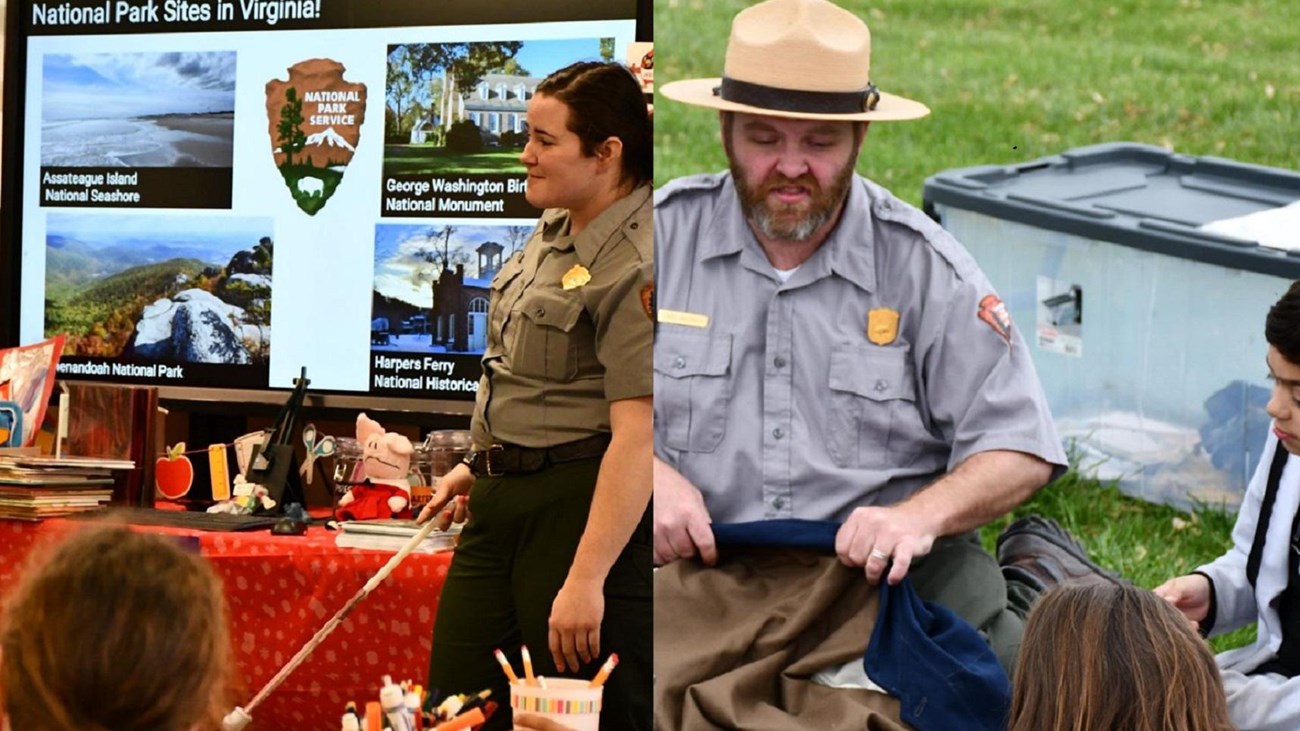 Left: Ranger in a classroom, Right: Ranger sitting with students, showing historic clothing.
