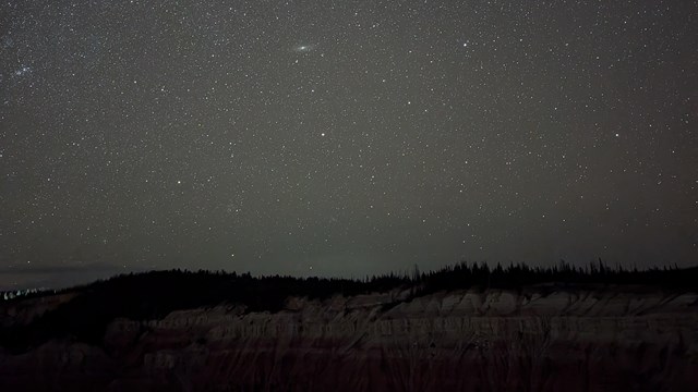 A glittering sky full of stars hovers over the cliffs.