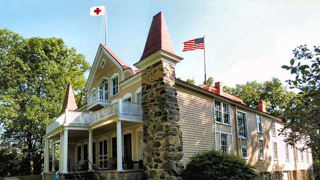 A wooden and stone house.