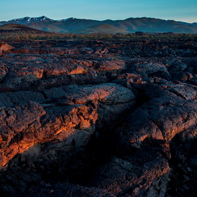 Pahoehoe lava illuminated by a sunrise. 