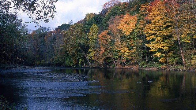 A landscape photo of the Cuyahoga River during autumn.