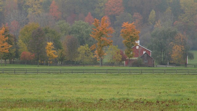 A red barn in the foreground of a forest dappled with various shades of red, orange, and yellow.