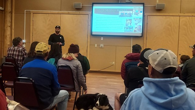 A speaker presents a powerpoint presentation to a crowd.