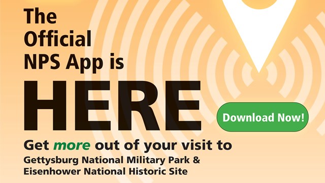 An orange and green poster describing how to download the National Park Service app with black text.