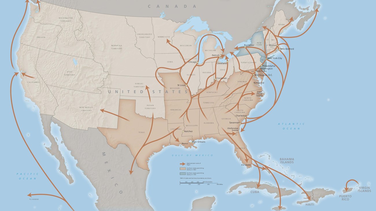 A United States map showing routes on the Underground Railroad