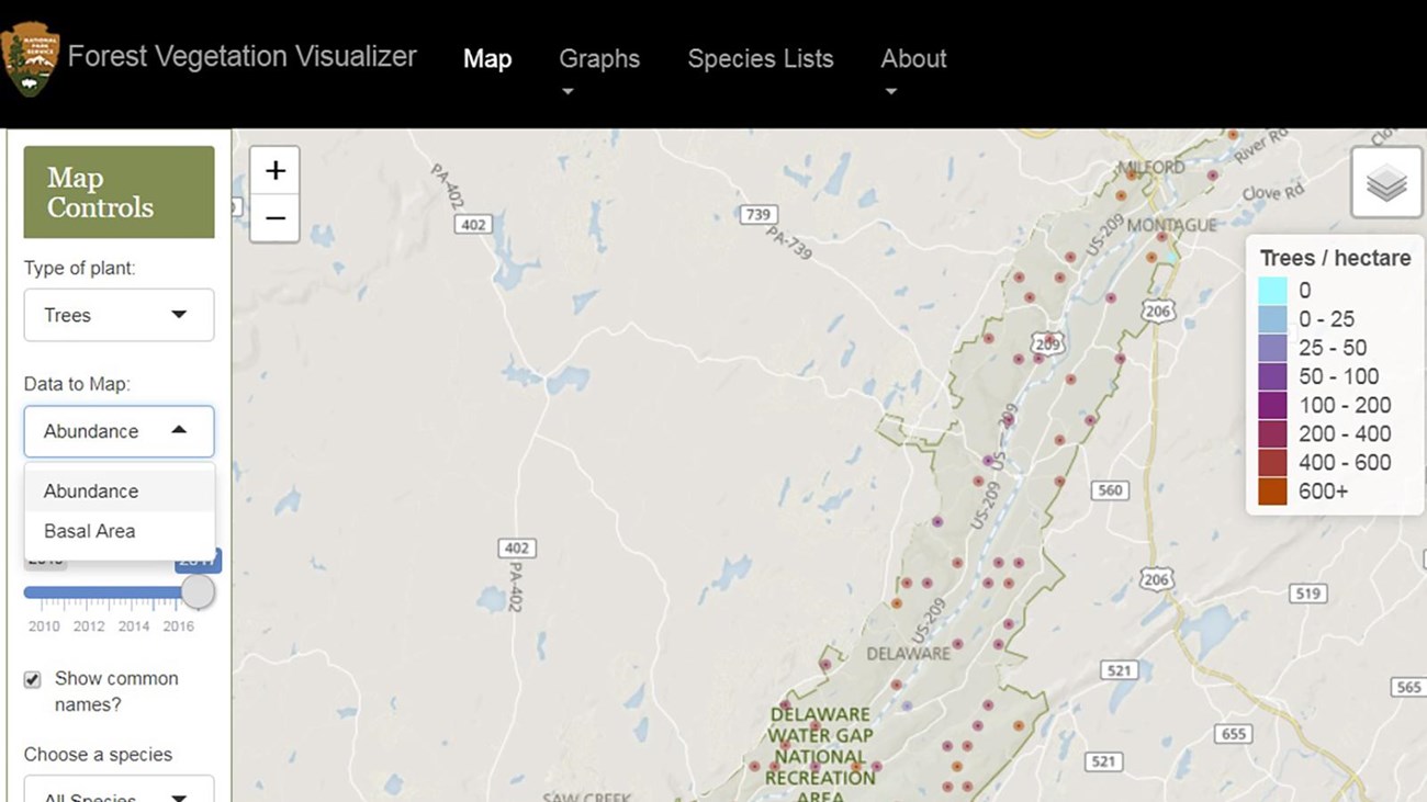 Screenshot of the mapping component of the Forest Vegetation Visualizer, showing trees per hectare i