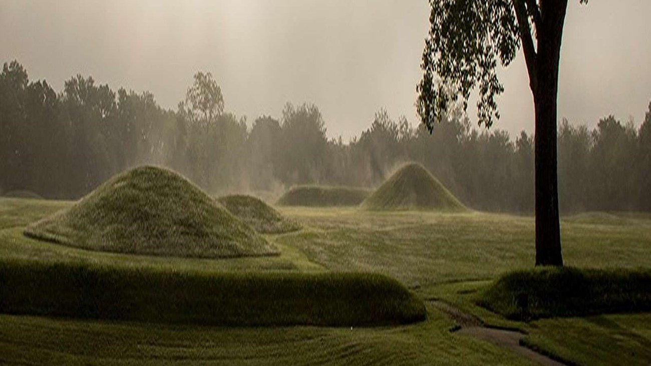 Steam fog lifts up from the Mound City Group on a cool summer morning at Hopewell Culture NHP