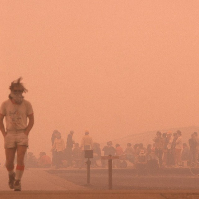 Smoke filled orange sky from Yellowstone National Parks historic fire of 1988