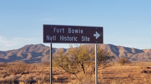 Brown road sign with mountains in the background.