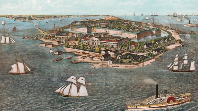 A color illustration depicts Fort Monroe surrounded by water and a number of sail and steamboats.