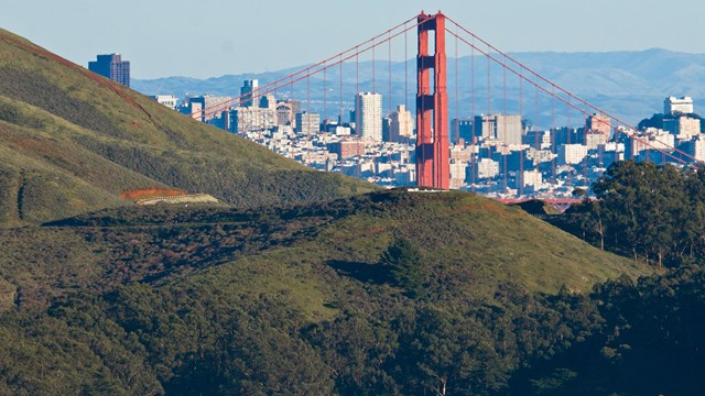 View from Battery Marin Headlands with Golden Gate Bridge and San Francisco in background.