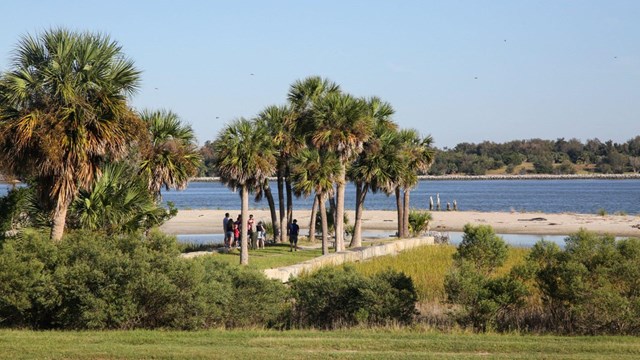 looking out towards Savannah river, trees and north pier in foreground