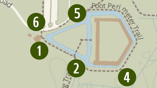 A color map of Cockspur Island that lays out the virtual tour stops outside of the fort. 