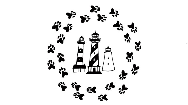 A black and white illustration of three lighthouses with dog paw prints circling all three