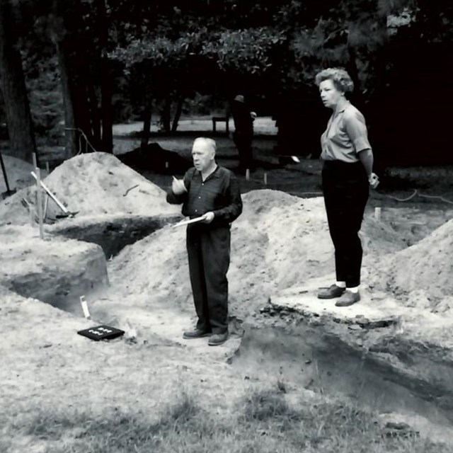 Black and white photo of a man and woman at the fort.