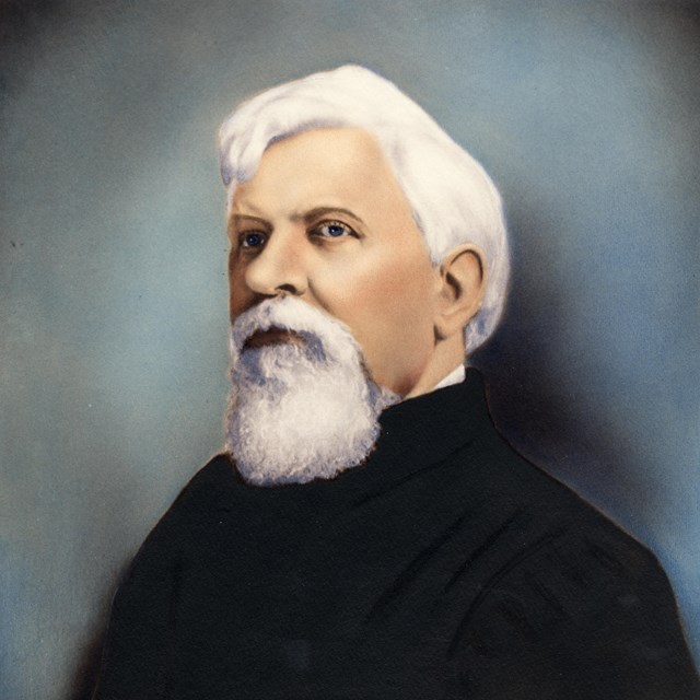 A painted portrait of a man with white hair and a white beard wearing black.