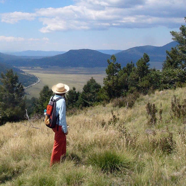 people looking over volcanic landscape