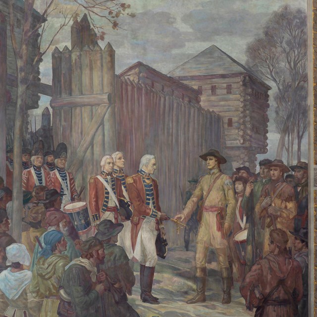 Henry Hamilton hands his sword to Clark in surrender