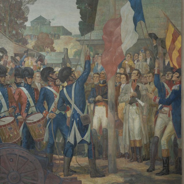 Soldiers raise the US flag to celebrate the acquisition of the Louisiana Territory. 