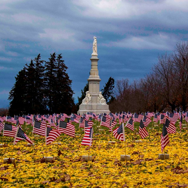 Yellow leaves on the ground and small U.S. flags fly over graves in the Soldiers' National Cemetery.