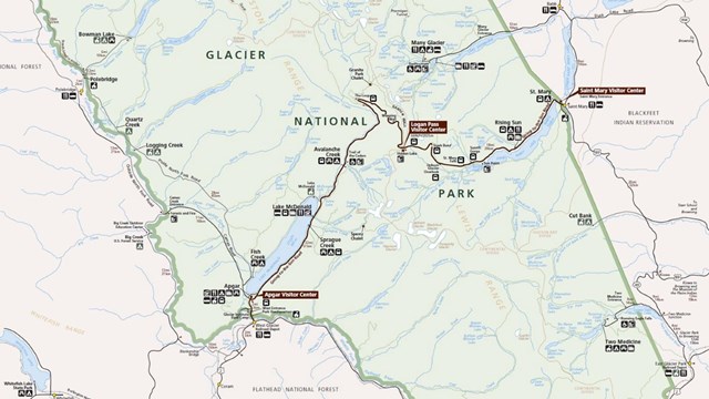 A map of Glacier with boundary lines, roadways, and trails all delineated by different colors. 