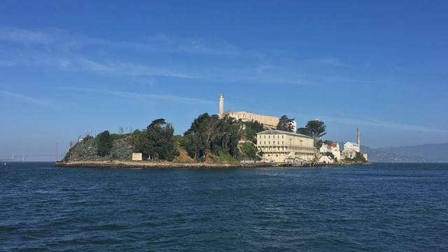 island of buildings, blue sky