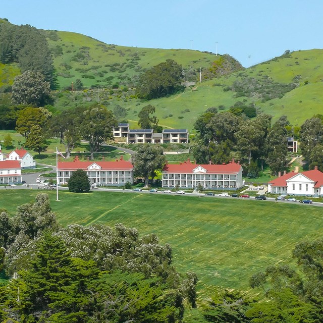 Aerial view of Fort Baker building during lush spring time