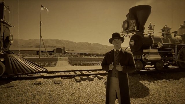 Sepia Colored image man in front of two locomotives