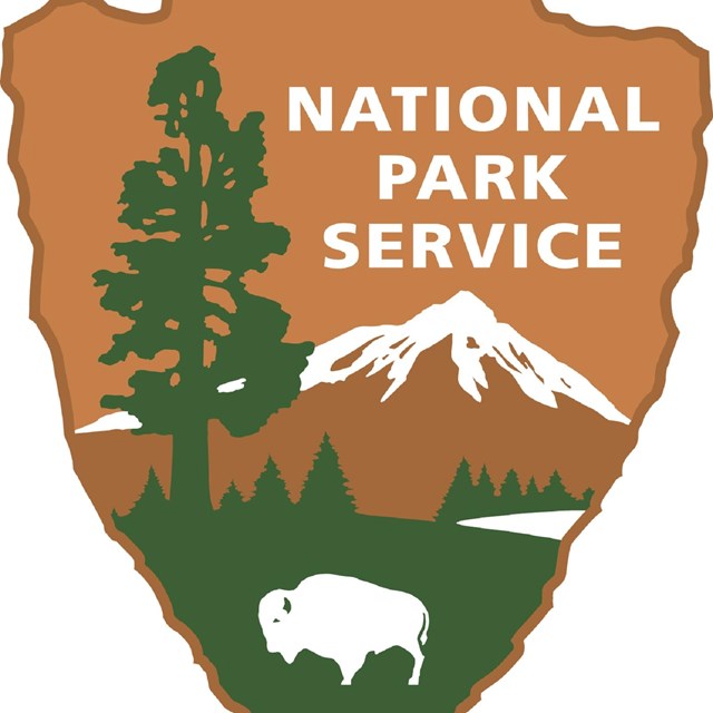 The brown arrowhead logo of the NPS showing mountains, a bison, trees, and water