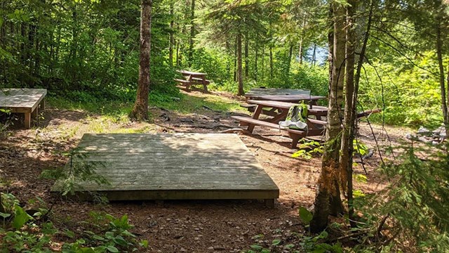 Wooden platforms and a picnic table in a sunny forest.