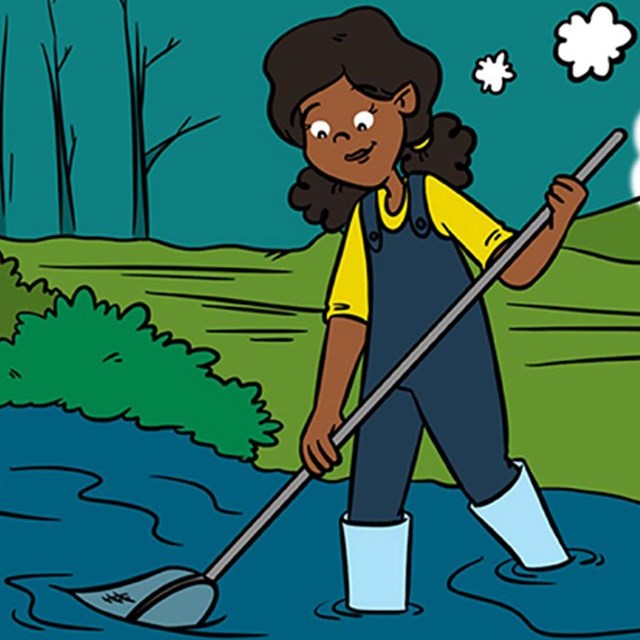 A cartoon of a person wearing waders, holding a tool, and standing in a stream.