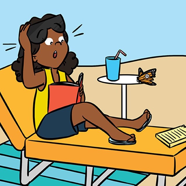 A cartoon of a person in a lounge chair at the beach.