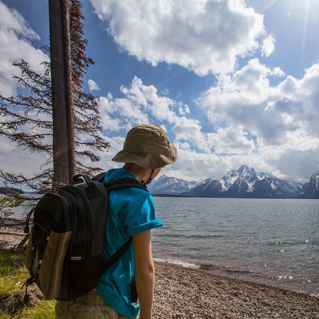 hiker at jackson lake