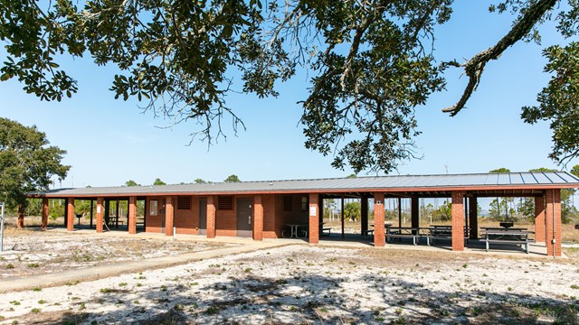 Brick pavilions stand in the sun with a tree in the foreground.