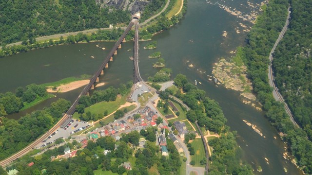 aerial view Lower Town, the mountains, and rivers